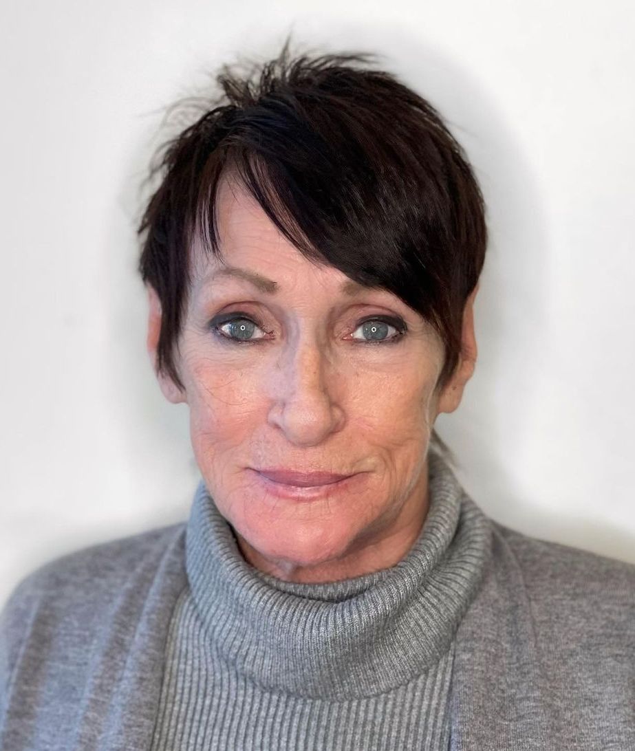 60+ Short Feathered Brunette Cut