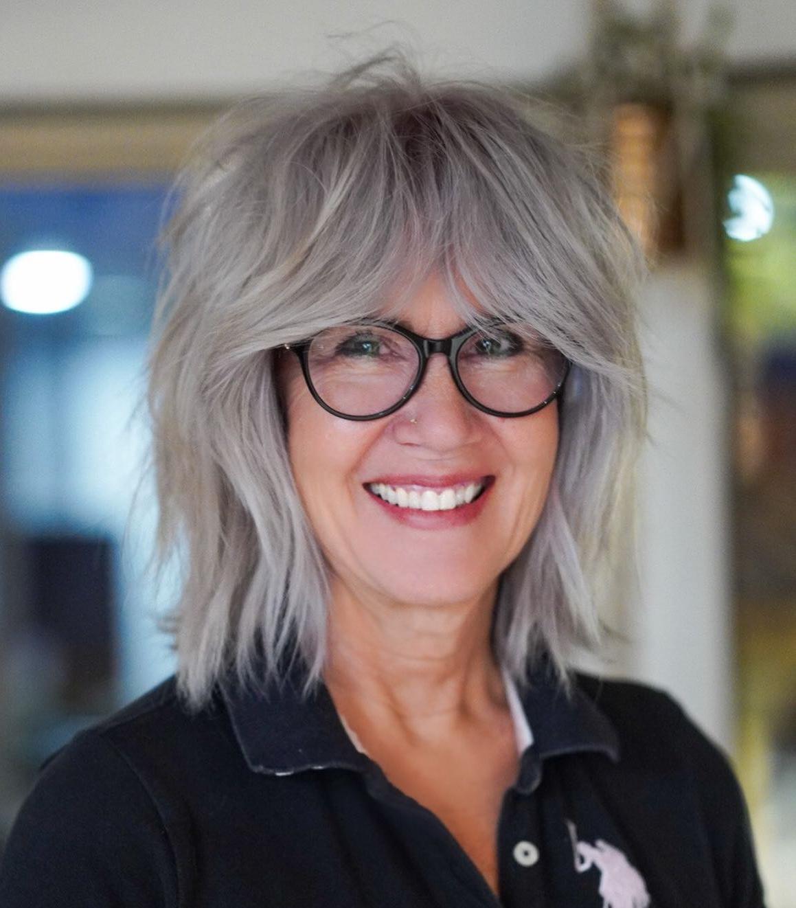 Straight Gray Shag with Bangs and Glasses