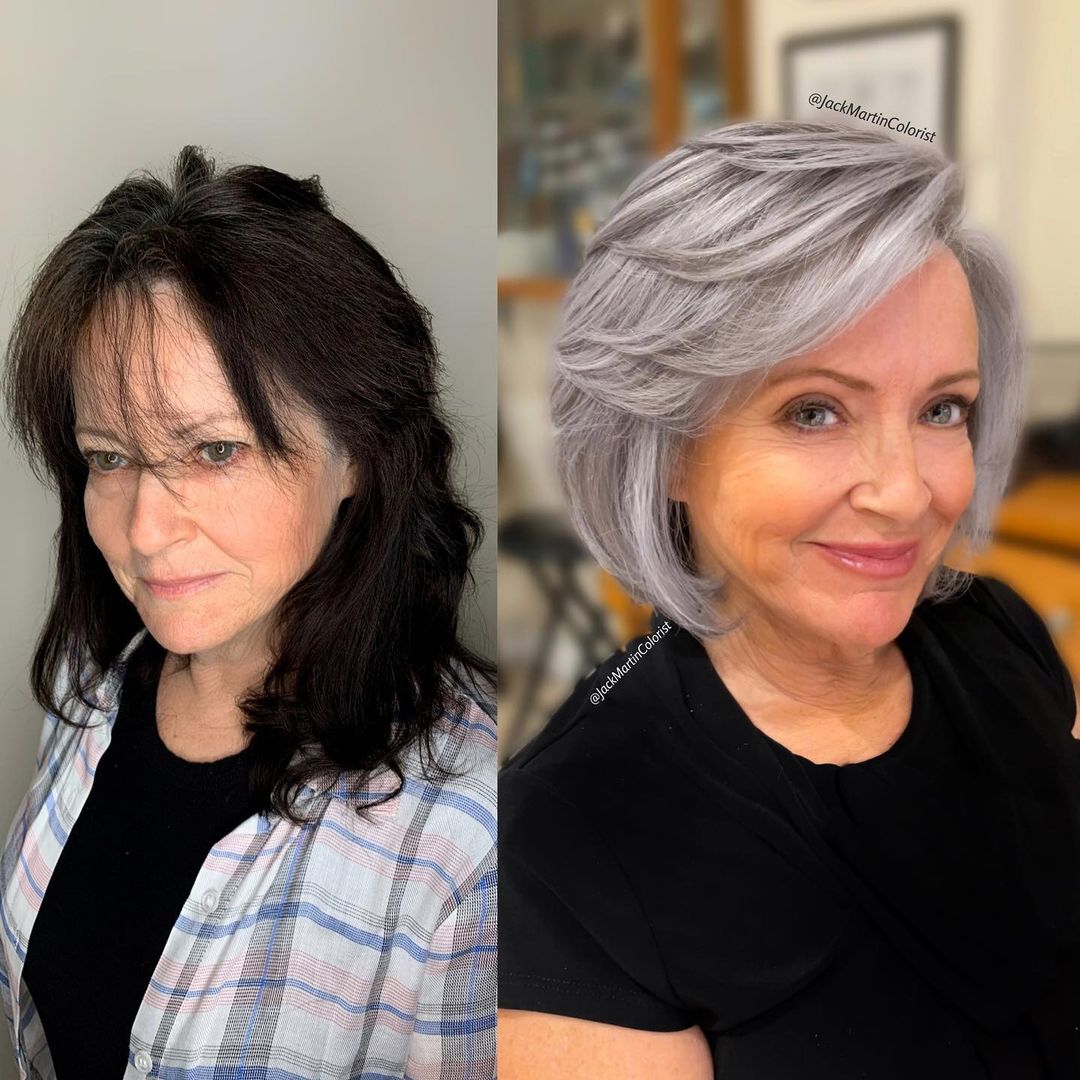 60+ Gray Bob with Swoopy Bangs